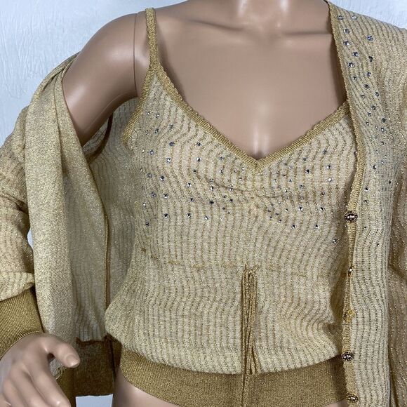 Societa Gold Color Metallic Threads Beaded Tank Top With Cardigan - Picture 5 of 12